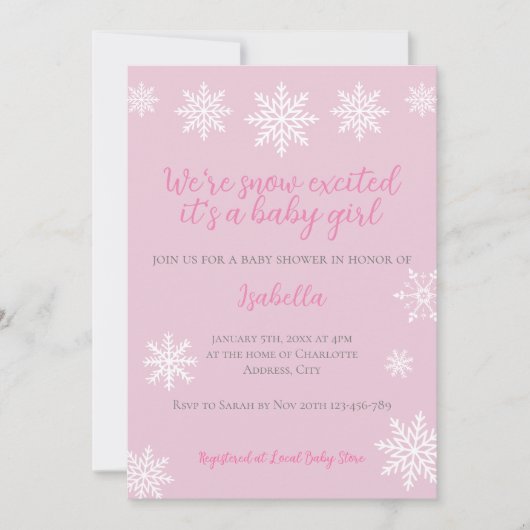 Winter sneeuw opgewonden roze baby meisje douche kaart (Voorkant)