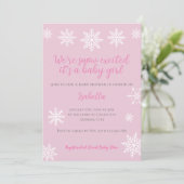 Winter sneeuw opgewonden roze baby meisje douche kaart (Staand voorkant)
