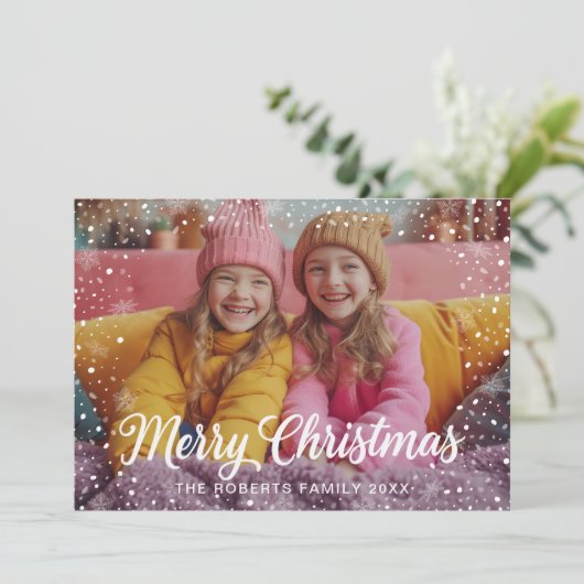 Winter Sneeuw Overlay Vrolijke Kerstfoto Kaart (Staand voorkant)