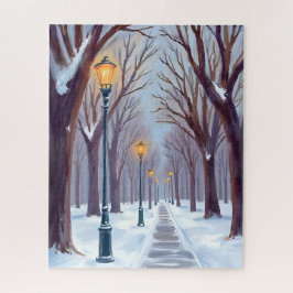 Winter Sneeuw Park Straatlantaarns Stad Waterverf Legpuzzel