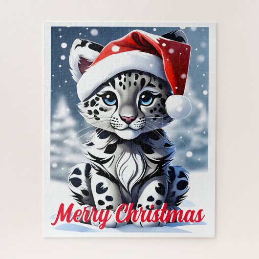 Winter Sneeuw Santa Schattige Sneeuw Leopard Cub K Legpuzzel (Verticaal)