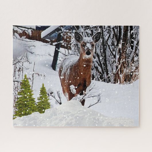 Winter Sneeuw Scene met Muildier Wilde Dieren Legpuzzel (Horizontaal)
