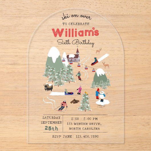 Winter Sneeuw Skiën Mountain Ski Slopes Verjaardag Acryl Uitnodigingen (Voorkant)