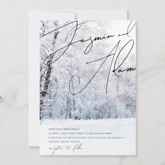 Winter Sneeuw Stoffig Blauw Woodland Script Bruilo Kaart (Voorkant)