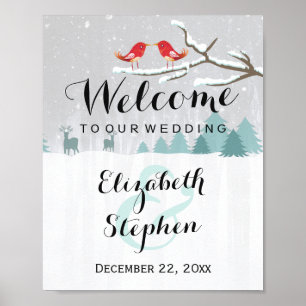 Winter Sneeuw Wonderland Vogels Rendier Trouwbord Poster