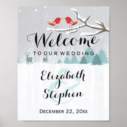 Winter Sneeuw Wonderland Vogels Rendier Trouwkaart Poster (Voorkant)