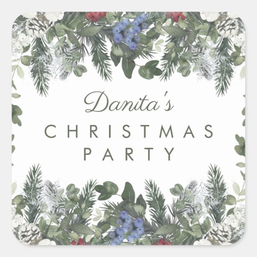 Winter Sneeuwbessen Pine Kerstmis gepersonaliseerd Vierkante Sticker (Voorkant)
