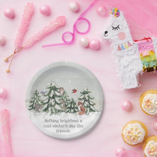 Winter Sneeuwbos Dierenvrienden Fox Rabbit Papieren Bordje (Feest)