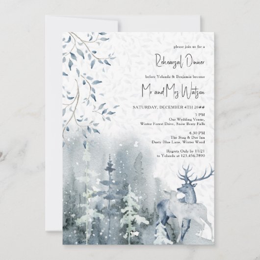 Winter Sneeuwbos en deer Wedding Rehearsal Kaart (Voorkant)