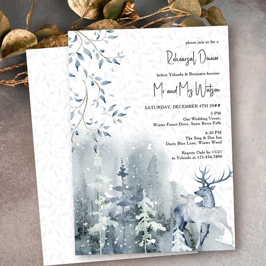 Winter Sneeuwbos en deer Wedding Rehearsal Kaart