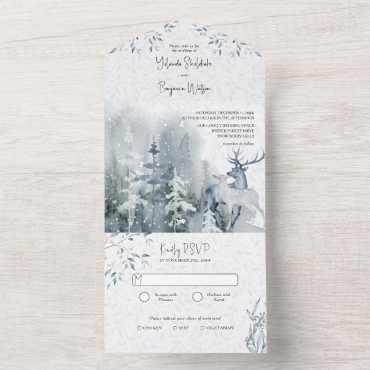 Winter Sneeuwbos en Waterverf bruiloft Deer All In One Uitnodiging (Binnen)