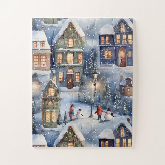 Winter Sneeuwdorp bij nacht Legpuzzel (Verticaal)