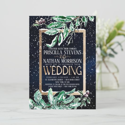 Winter Sneeuwgoudmarinevrouw Leaf Waterverf Weddin Kaart (Staand voorkant)