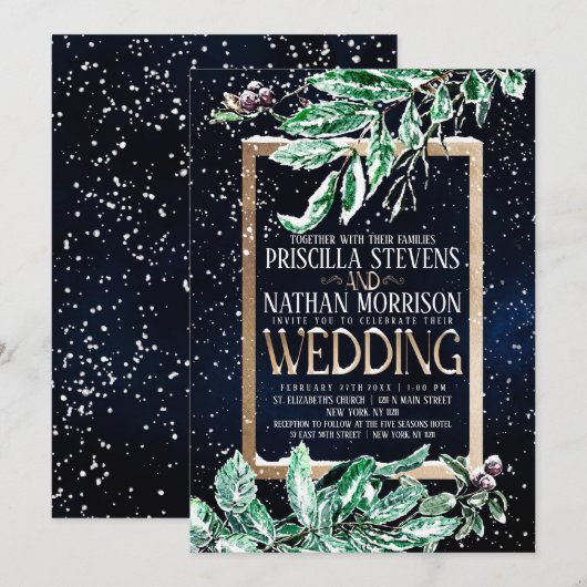 Winter Sneeuwgoudmarinevrouw Leaf Waterverf Weddin Kaart (Voorkant / Achterkant)