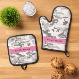 Winter Sneeuwgrijs Camouflage Jouw naam Personalis Ovenwant & Pannenlap Set