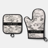 Winter Sneeuwgrijs Camouflage Jouw naam Personalis Ovenwant & Pannenlap Set (Voorkant)