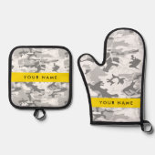 Winter Sneeuwgrijs Camouflage Jouw naam Personalis Ovenwant & Pannenlap Set (Voorkant)