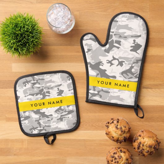 Winter Sneeuwgrijs Camouflage Jouw naam Personalis Ovenwant & Pannenlap Set (Top down)