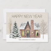 Winter Sneeuwhuis Pine Tree Happy Nieuwjaar Feestdagenkaart (Voorkant)