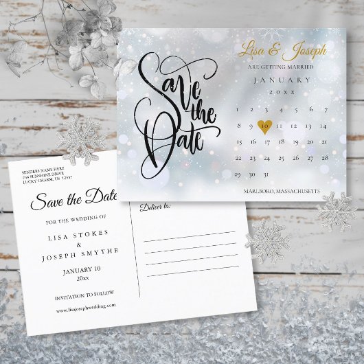 Winter Sneeuwkalender Gold Heart Save the Date Aankondigingskaart