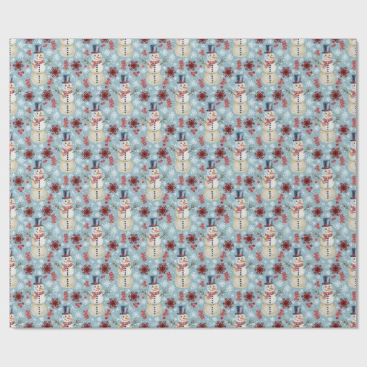 Winter Sneeuwman Bessen Sneeuwvlokken blauw Cadeaupapier (Vlak)