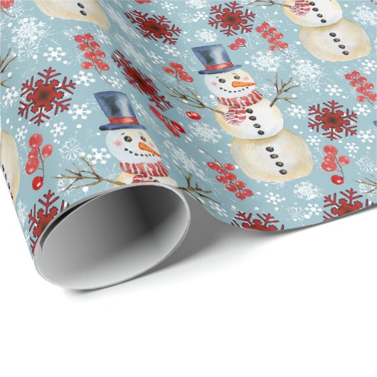 Winter Sneeuwman Bessen Sneeuwvlokken blauw Cadeaupapier (Rol Hoek)