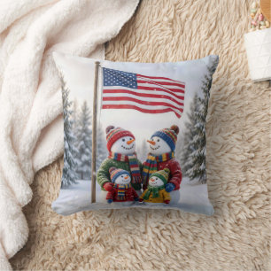 Winter Sneeuwman Familie Onder een Amerikaanse Vla Kussen