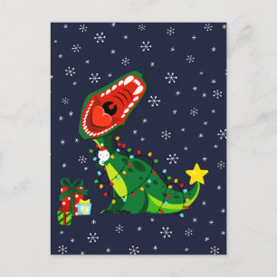 Winter Sneeuwman Kerstboom T-Rex Dinosaurus  Feestdagenkaart