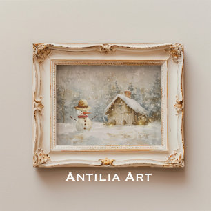 Winter Sneeuwman Scène Schilderen Rustieke Kerstmi Poster