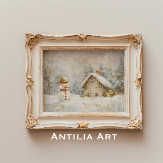 Winter Sneeuwman Scène Schilderen Rustieke Kerstmi Poster