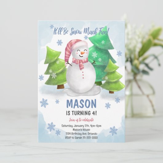 Winter Sneeuwman Sneeuwvlok Verjaardag Uitnodiging (Staand voorkant)