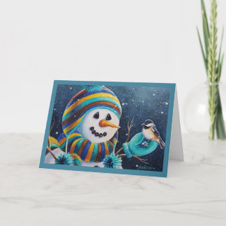 Winter Sneeuwman Voert Chickadee Vogel Waterverf K Kaart