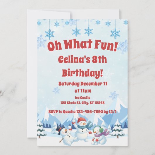 Winter Sneeuwmannen "Oh What Fun" Verjaardag Kaart (Voorkant)
