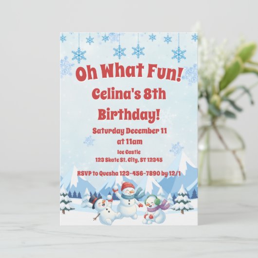 Winter Sneeuwmannen "Oh What Fun" Verjaardag Kaart (Staand voorkant)