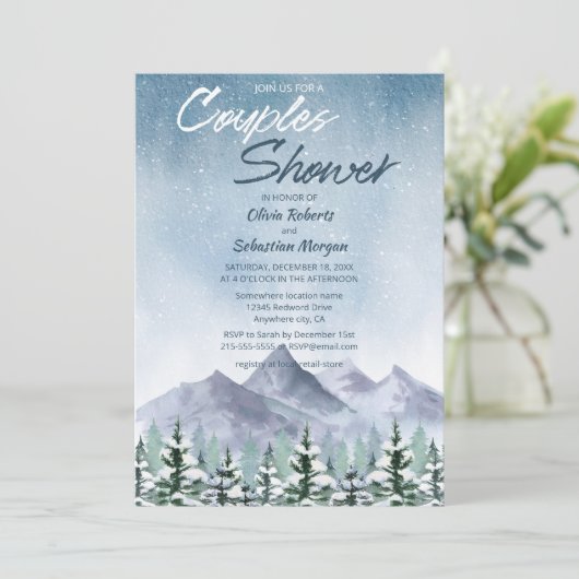 Winter Sneeuwrijke Berg Bos Koppels Douche Kaart (Staand voorkant)