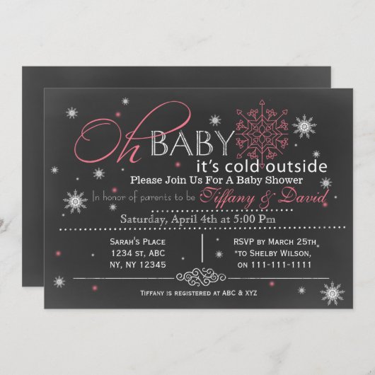 Winter Sneeuwroze Baby shower Uitnodiging van Paar (Voorkant / Achterkant)