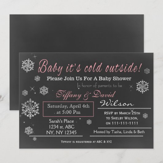 Winter Sneeuwroze Baby shower Uitnodiging van Paar (Voorkant / Achterkant)