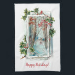 Winter Sneeuwscène met Holly Theedoek<br><div class="desc">Zoet sereen vignet met besneeuwde bossen en rustiek huisje met eenzame jager lopen door de sneeuw omlijst door feestelijke hulst. Optioneel tekstveld voor uw personalisatie.</div>