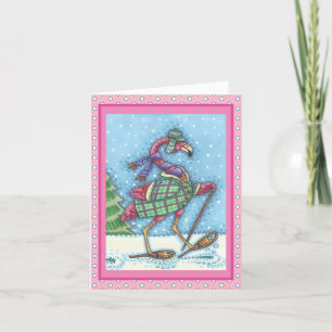 WINTER SNEEUWSCHOENEN ROZE FLAMINGO WELKOMSTKAART FEESTDAGEN KAART