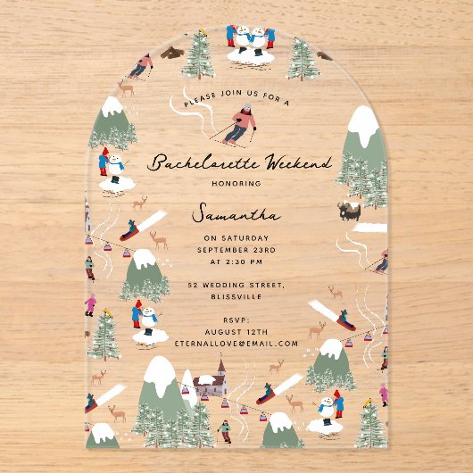 Winter Sneeuwski Bachelorette Weekend Acryl Uitnodigingen (Voorkant)