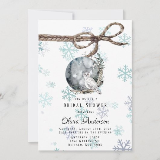 Winter Sneeuwuil Maan Waterverf Bruidsdouche Kaart (Voorkant)