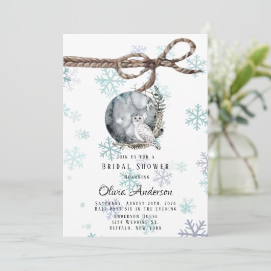 Winter Sneeuwuil Maan Waterverf Bruidsdouche Kaart (Staand voorkant)