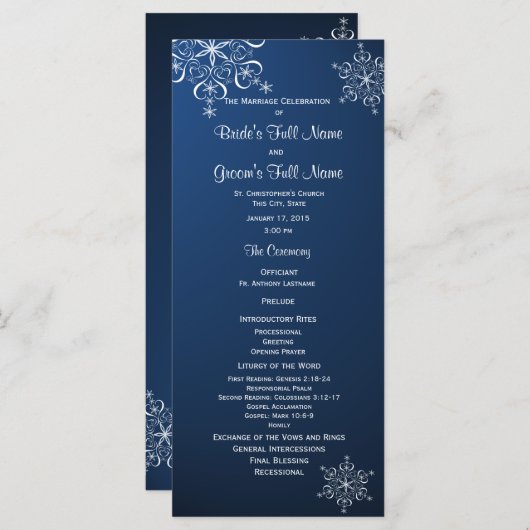Winter sneeuwvlok blauw bruiloft programma programmakaart (Voorkant / Achterkant)