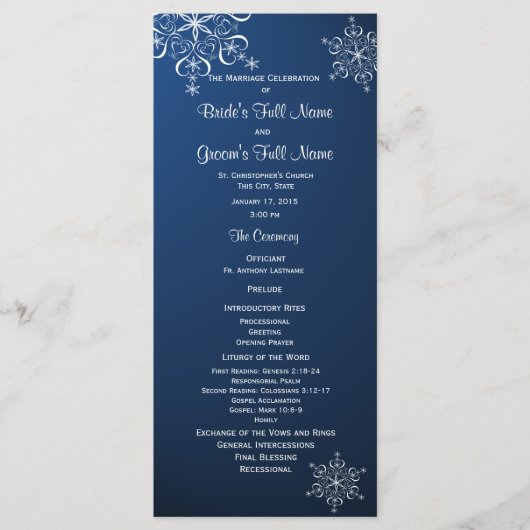 Winter sneeuwvlok blauw bruiloft programma programmakaart (Voorkant)