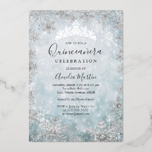 Winter Sneeuwvlok Blauw Zilver Quinceanera Folie Uitnodiging