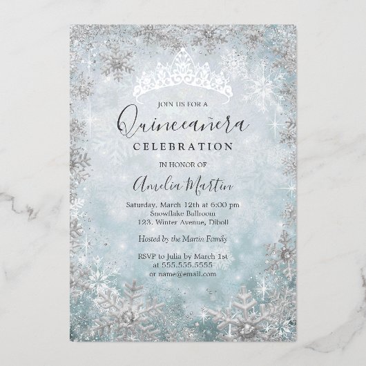 Winter Sneeuwvlok Blauw Zilver Quinceanera Folie Uitnodiging (Voorkant)