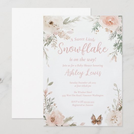 Winter Sneeuwvlok Blush Waterverf bladeren Kaart (Voorkant / Achterkant)