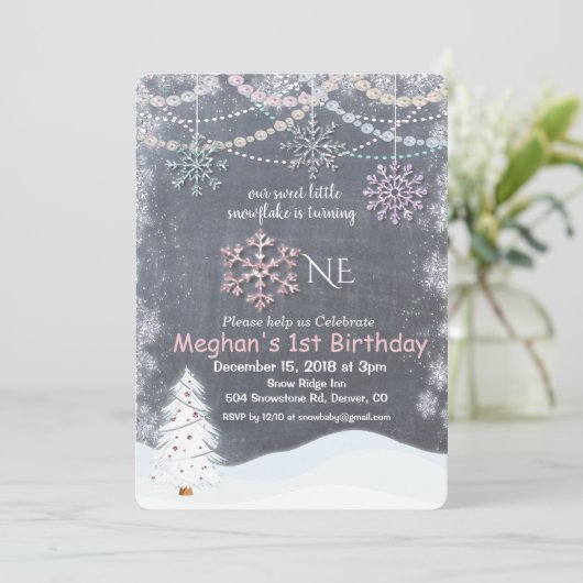 Winter Sneeuwvlok Eerste 1e Verjaardag uitnodiging (Staand voorkant)