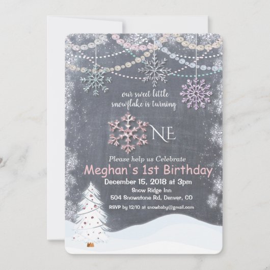 Winter Sneeuwvlok Eerste 1e Verjaardag uitnodiging (Voorkant)