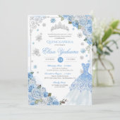 Winter Sneeuwvlok Ice Blue Zilver Quinceañera Kaart (Staand voorkant)